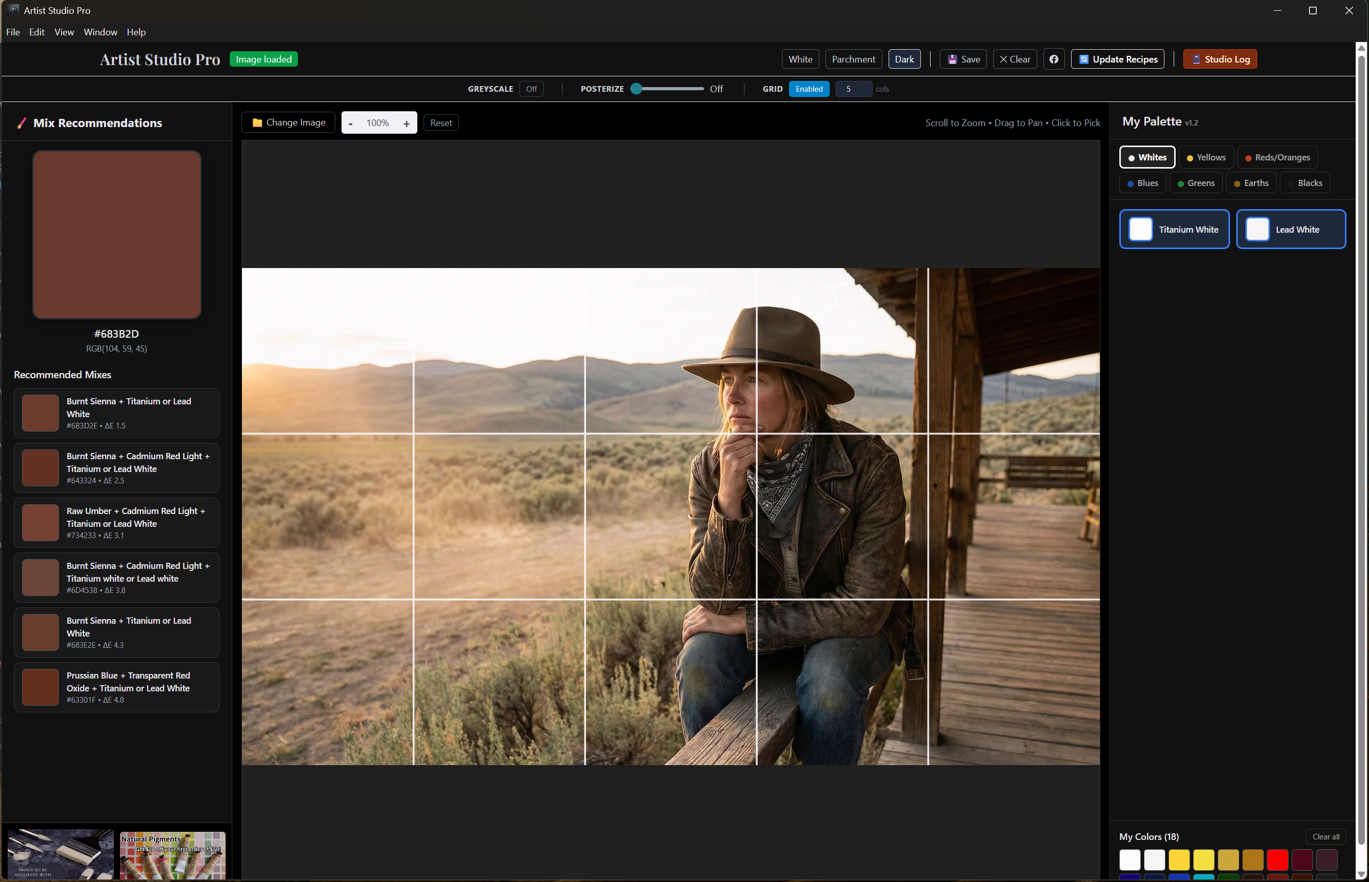 Artist Studio Pro grid overlay tool showing a proportional drawing grid over a reference image