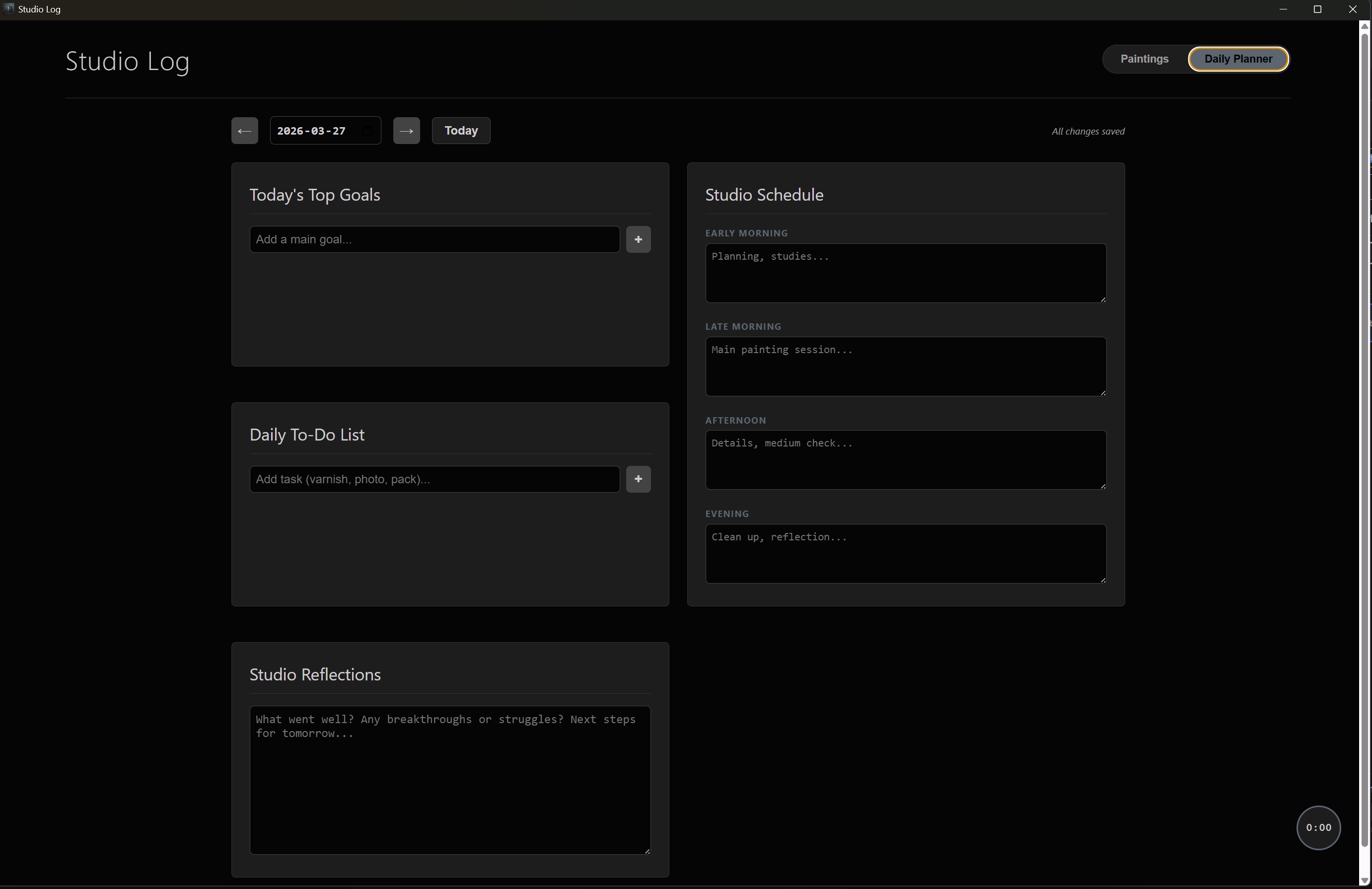 Artist Studio Pro Studio Log daily planner with goals, schedule, to-do list, and reflections
